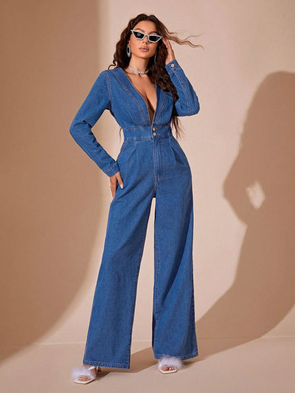 Plunge Wide Leg Denim Jumpsuit