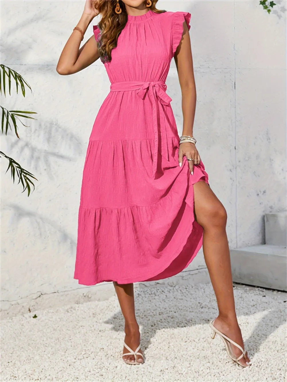 Ruffled Cap Sleeve Midi Mock Dress