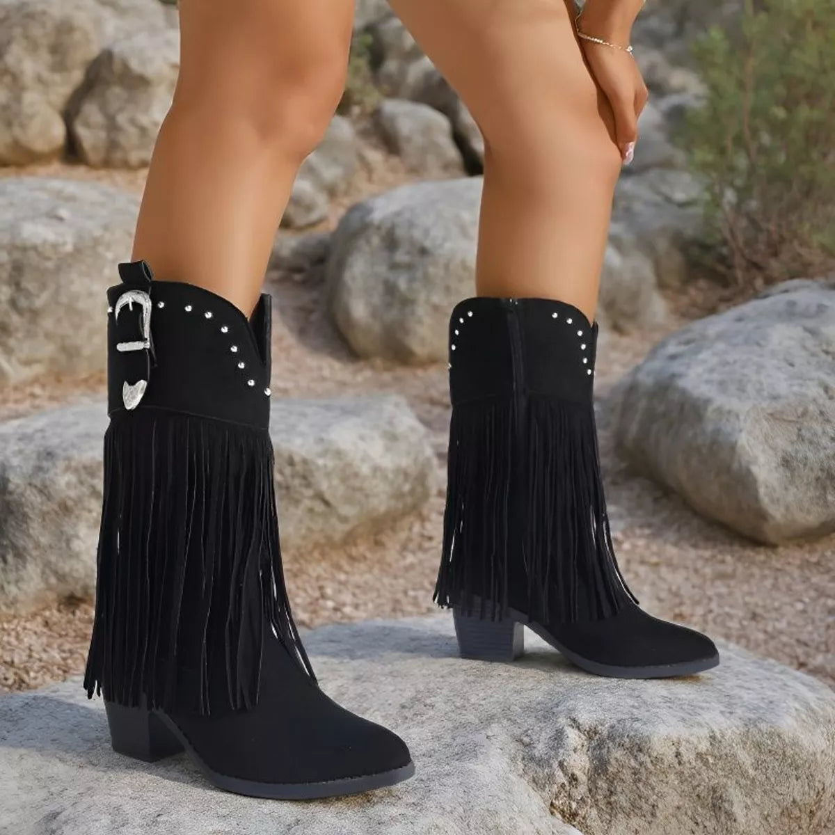 Fringe Round Toe Block Heels Boots