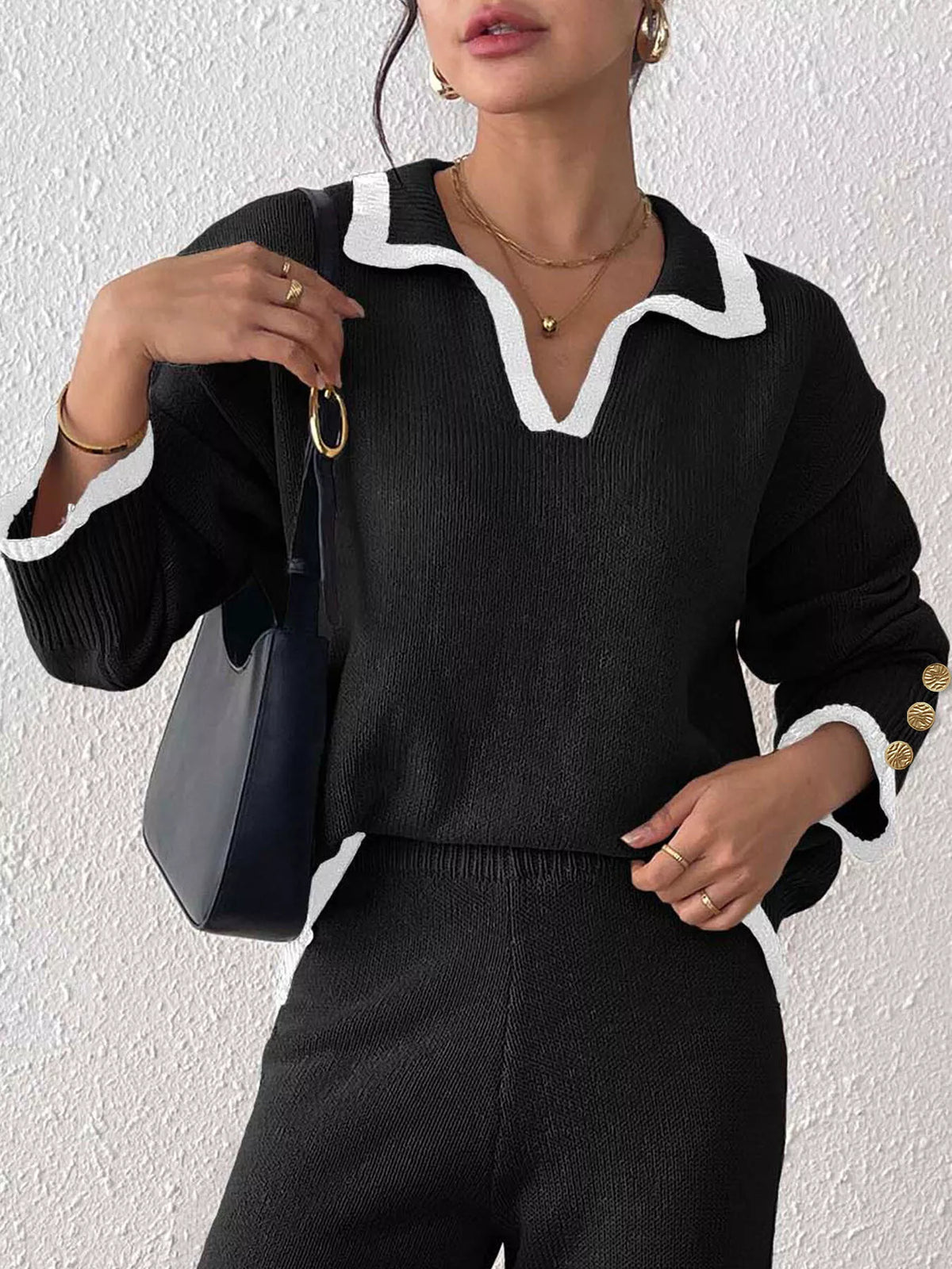 Contrast trim polo collar sweater, view 9