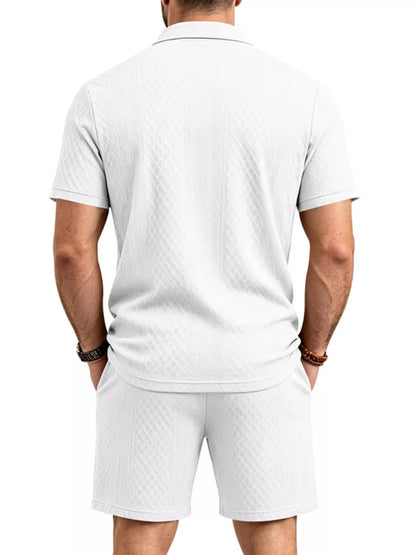 Men's Full Size Textured Short Sleeve Polo and Shorts Set Plus Size