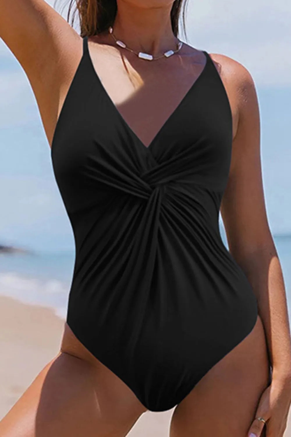 Black twist front swimsuit, view 3