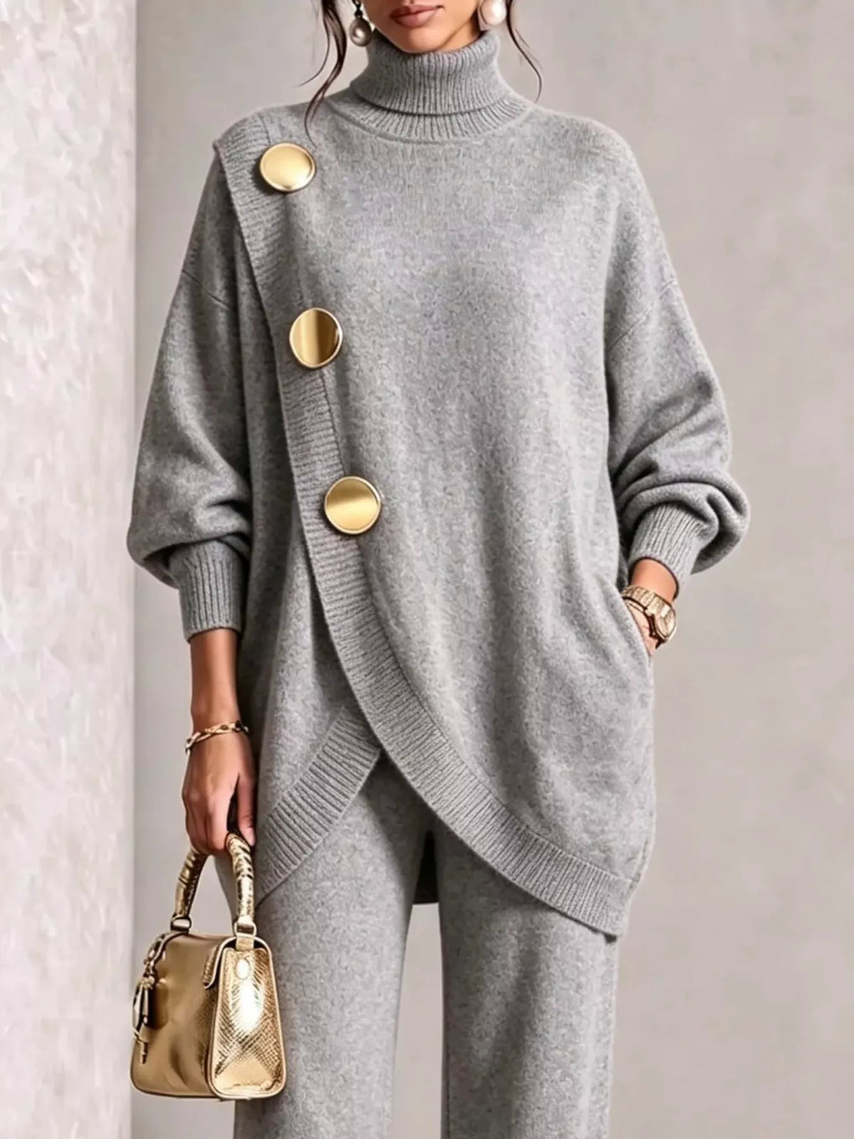 Gold button turtleneck set, view 10
