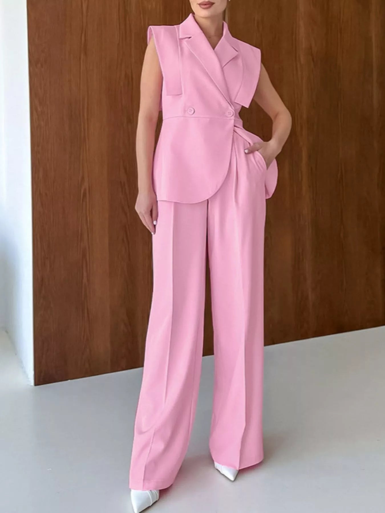 Sleeveless Blazer and Wide-Leg Pants Two-Piece Set