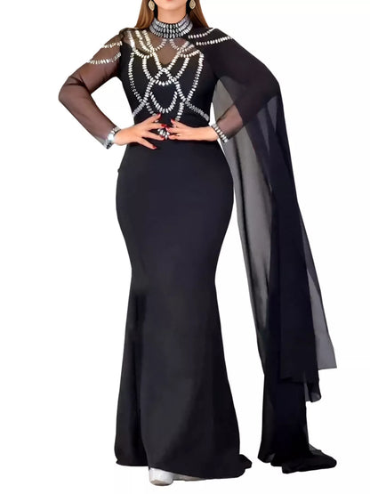 Rhinestone Slit Maxi Dress with Sheer Cape Sleeves