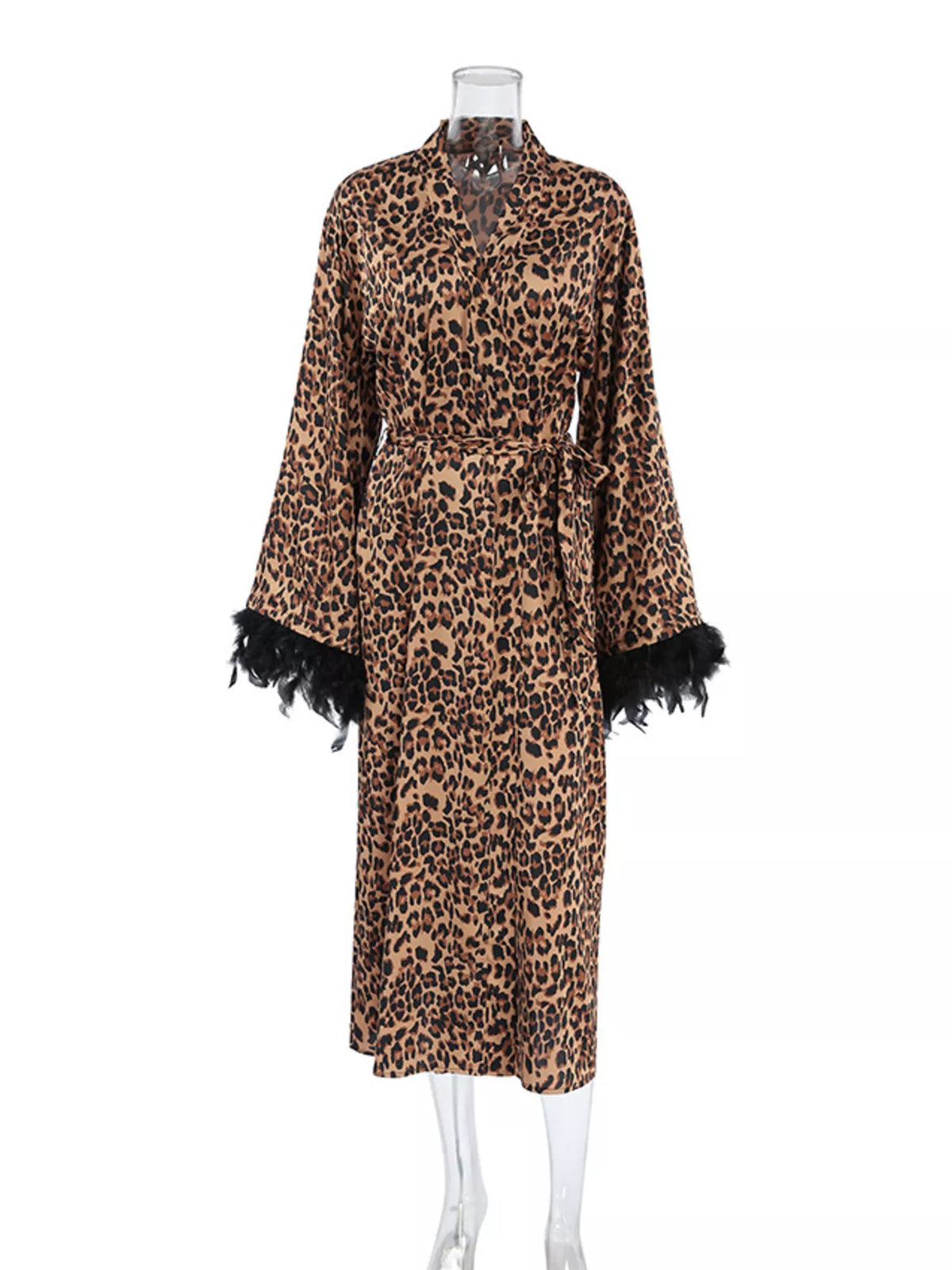 Leopard Print Feather-Trimmed Lounge Nightgown Robe