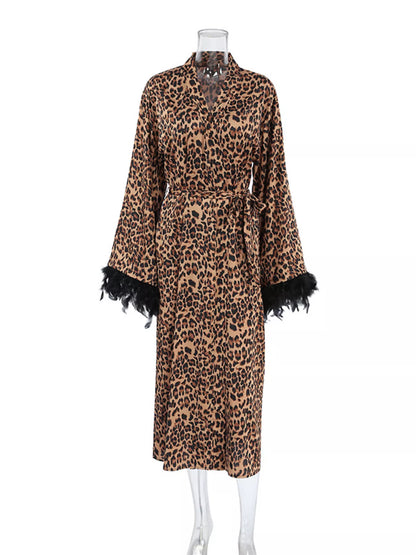 Leopard Print Feather-Trimmed Lounge Nightgown Robe