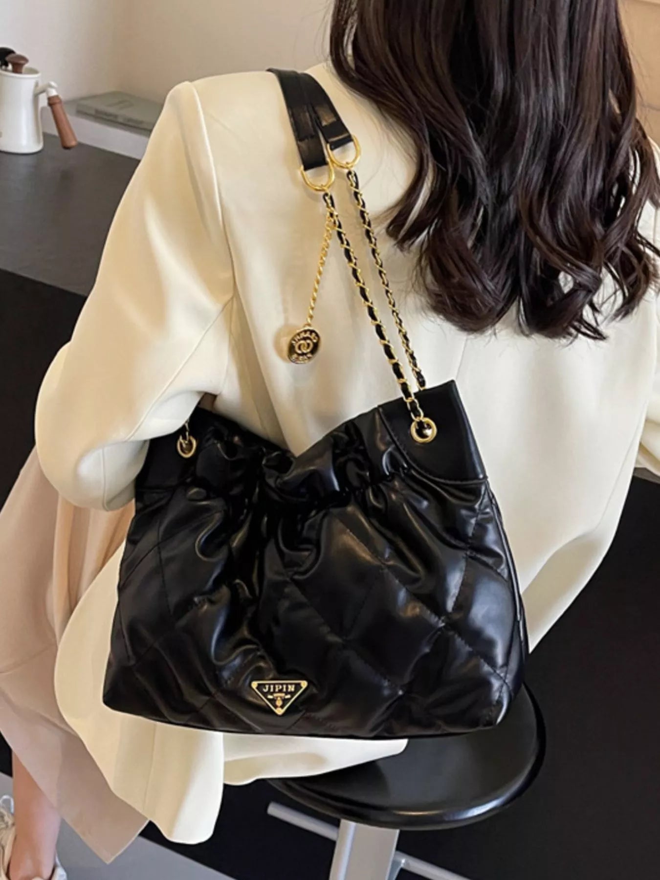 Ruched Leather Shoulder Bag