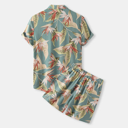 Men's Printed Button Up Shirt and Shorts Set
