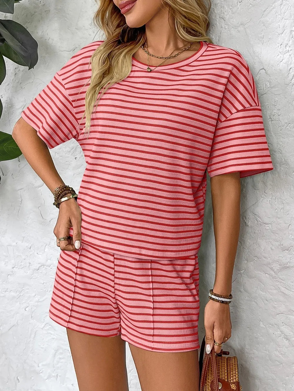 Striped Short Sleeve Shorts Set