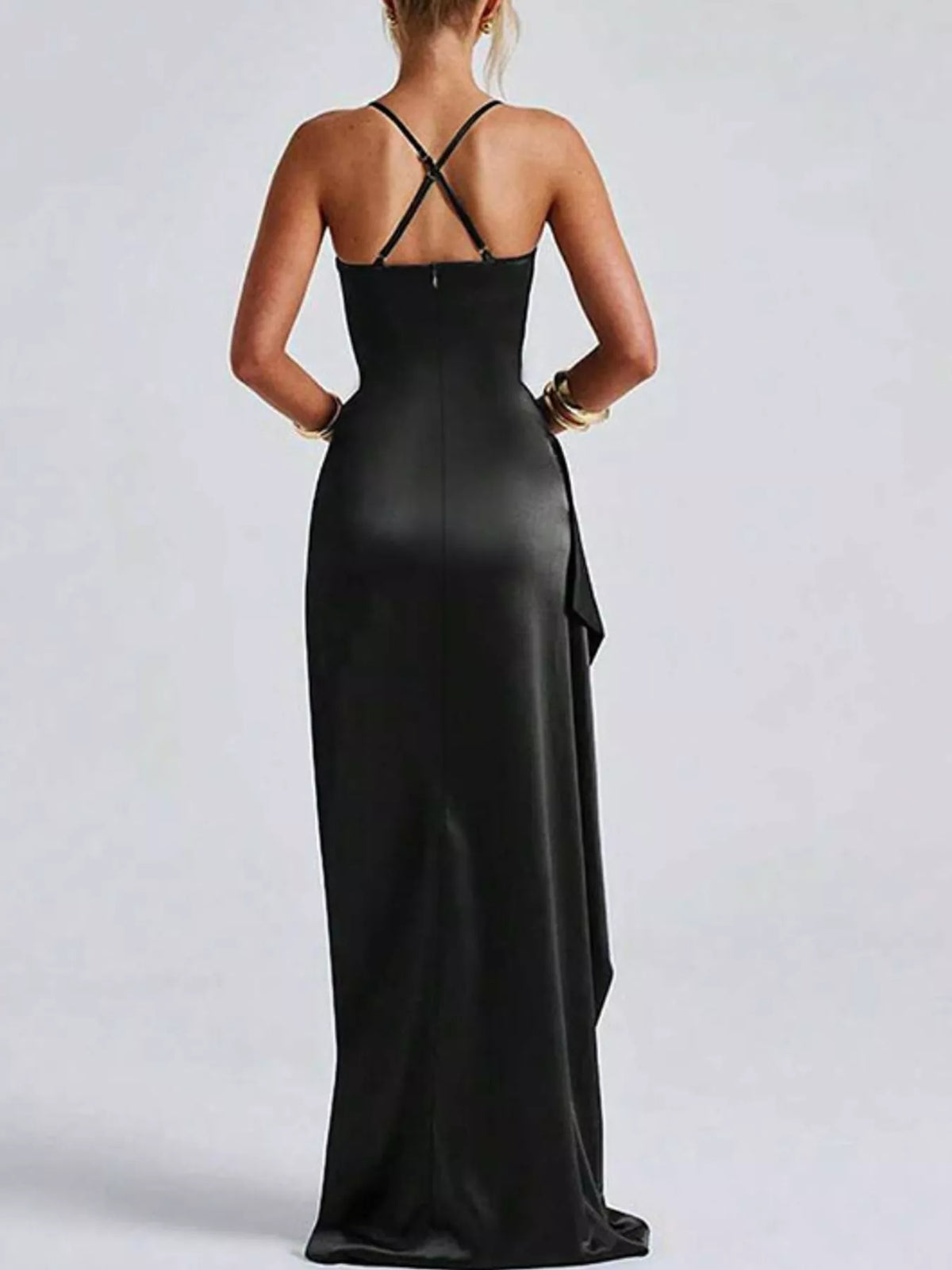 Satin Ruched High-Slit Maxi Dress
