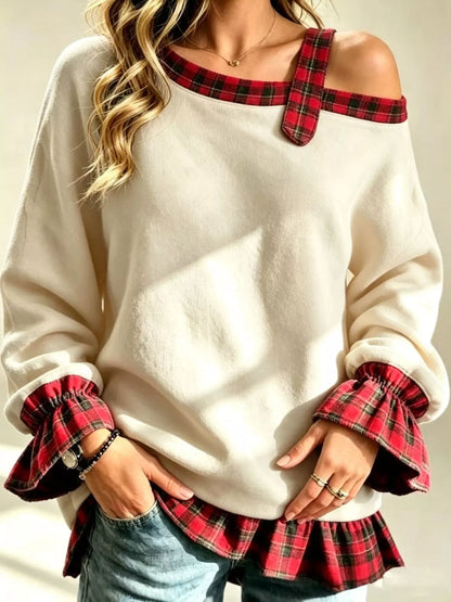Plus size plaid sweatshirt with asymmetric ruffled hem