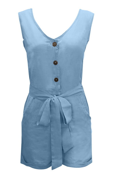 Tied V-Neck Sleeveless Romper with Pockets - MONLANE