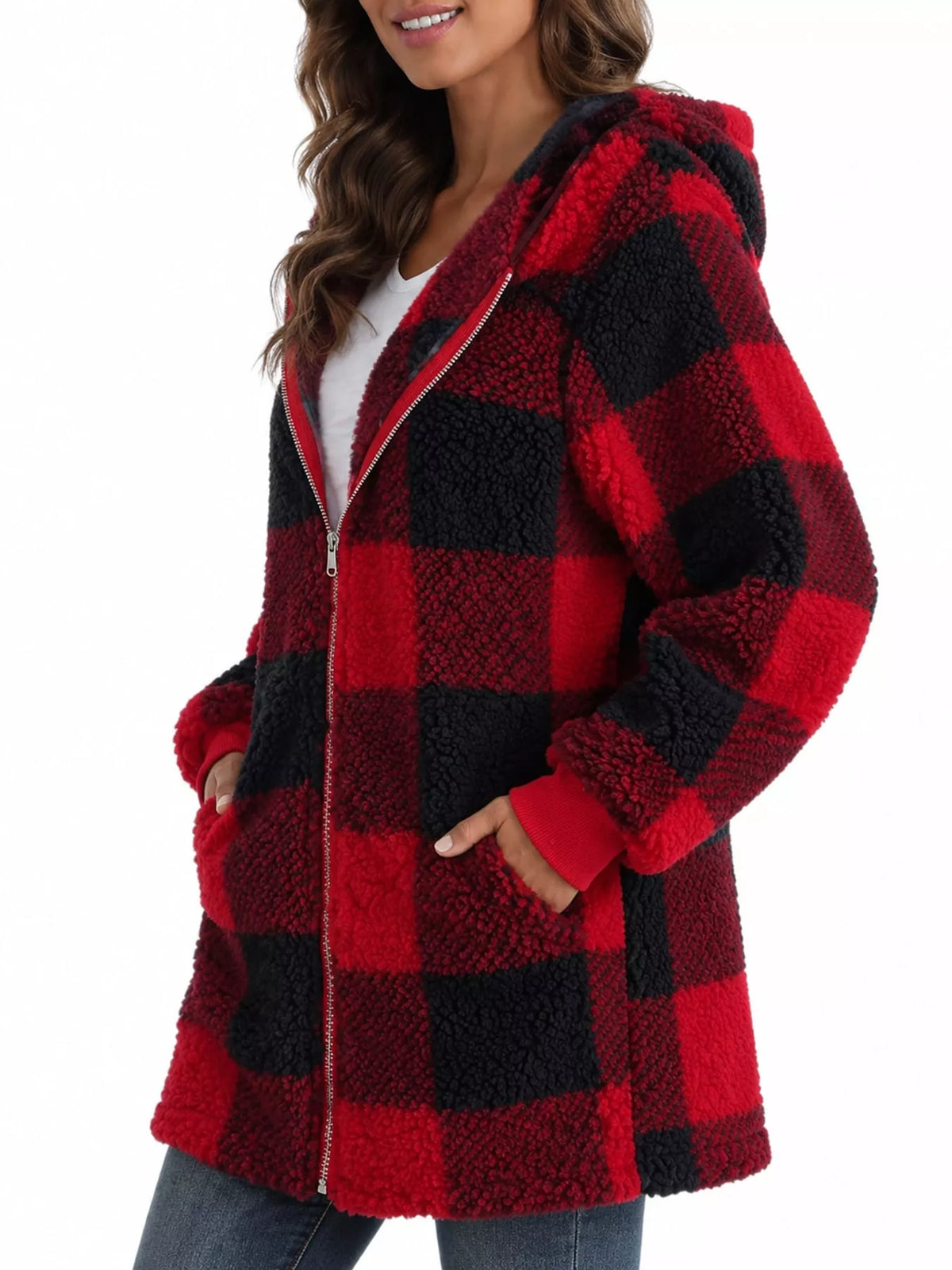 Plaid sherpa hooded zip-up jacket, view 23