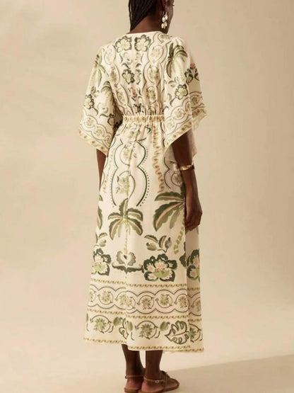 Palm Print V-Neck Midi Dress