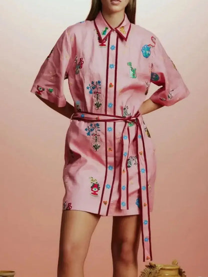 Printed Tie Waist Shirt Dress