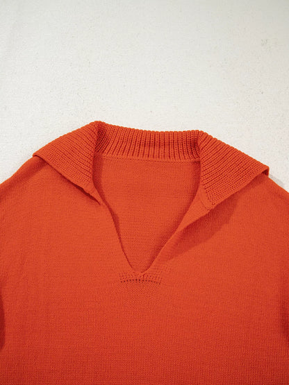 Collared V Neck Ribbed Edge Sweater