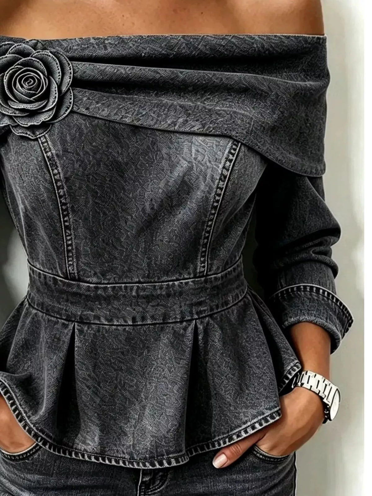 Plus Size Off-Shoulder Floral Denim Look Top