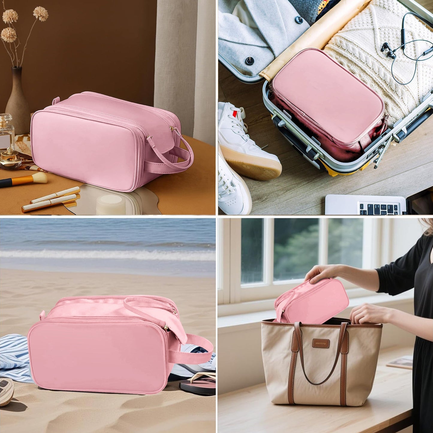 Large Capacity Cosmetic Organizer ,Travel Makeup Bag Organizer, Large Capacity Toiletry Bags for Traveling, Flat Open Waterproof PU Leather Cosmetic Bag with Compartments and Handles