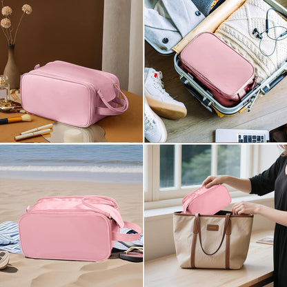 Large Capacity Cosmetic Organizer ,Travel Makeup Bag Organizer, Large Capacity Toiletry Bags for Traveling, Flat Open Waterproof PU Leather Cosmetic Bag with Compartments and Handles