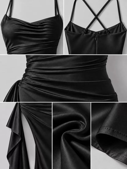 Satin high-slit maxi dress, view 16