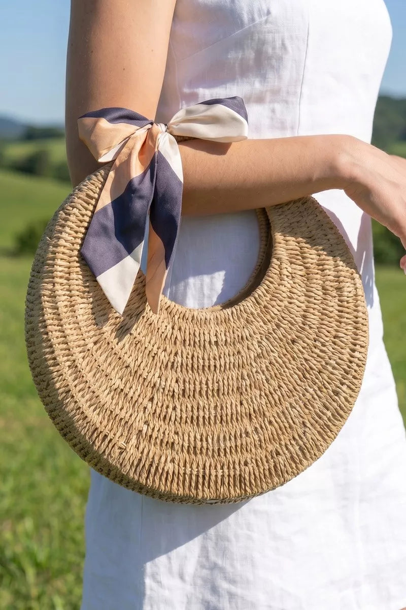 Crescent woven straw bag with bow scarf for summer