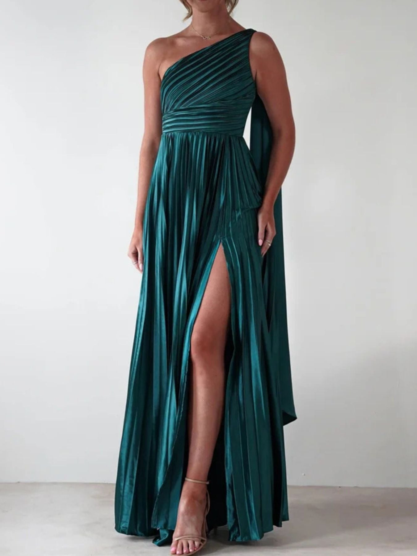One-Shoulder Pleated Slit Dress