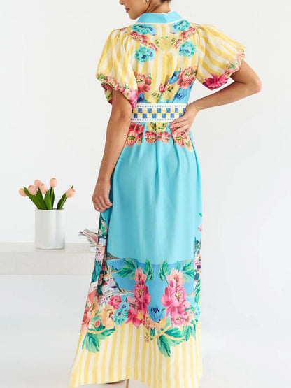 Printed Button Front Puff Sleeve Dress