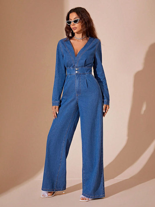 Plunge Wide Leg Denim Jumpsuit