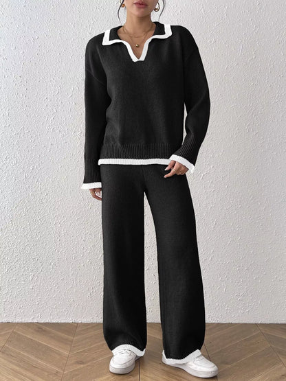 Contrast Trim Polo Collar Top and Pants Sweater Set