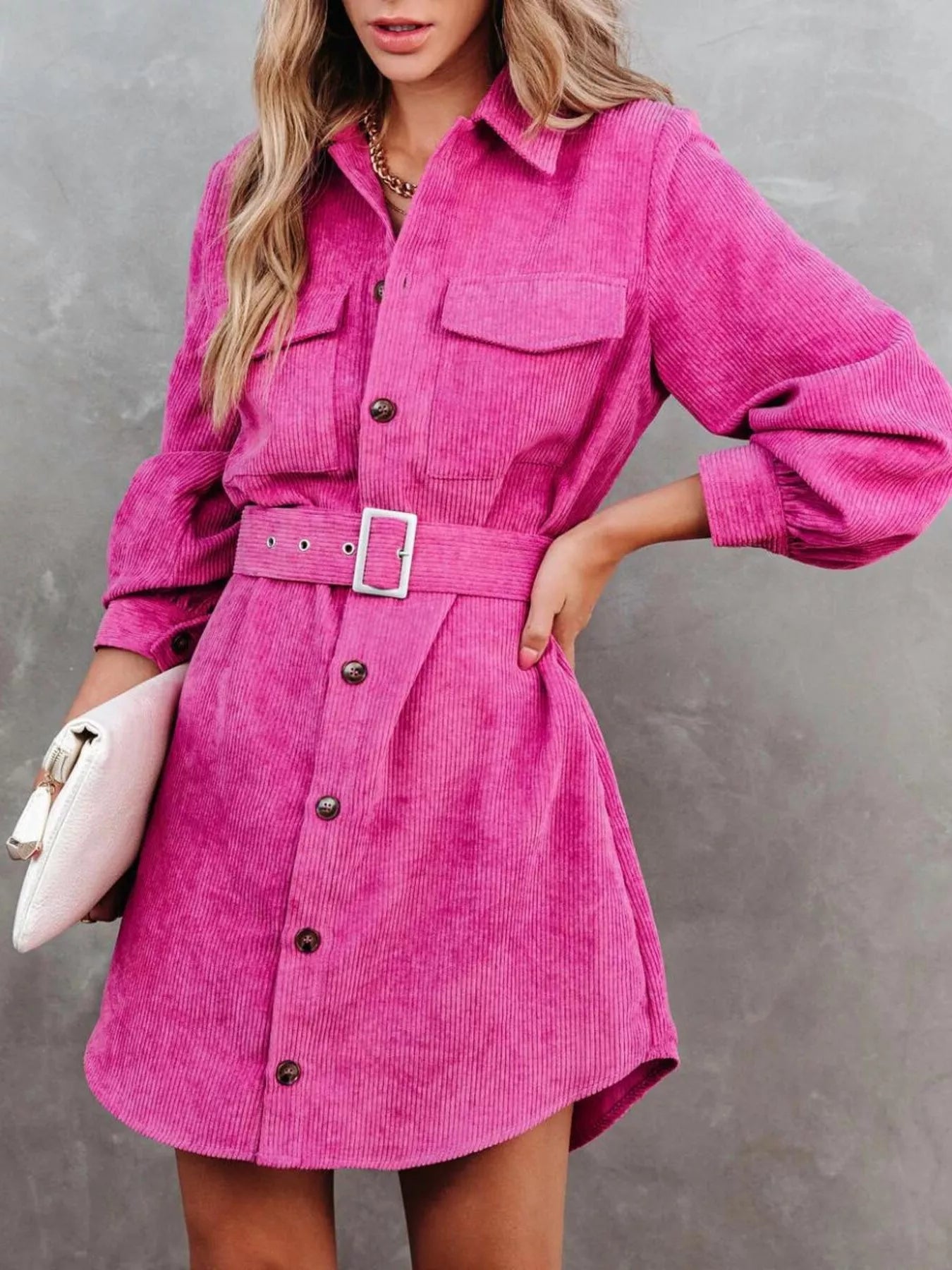 Button Front Belted Corduroy Dress