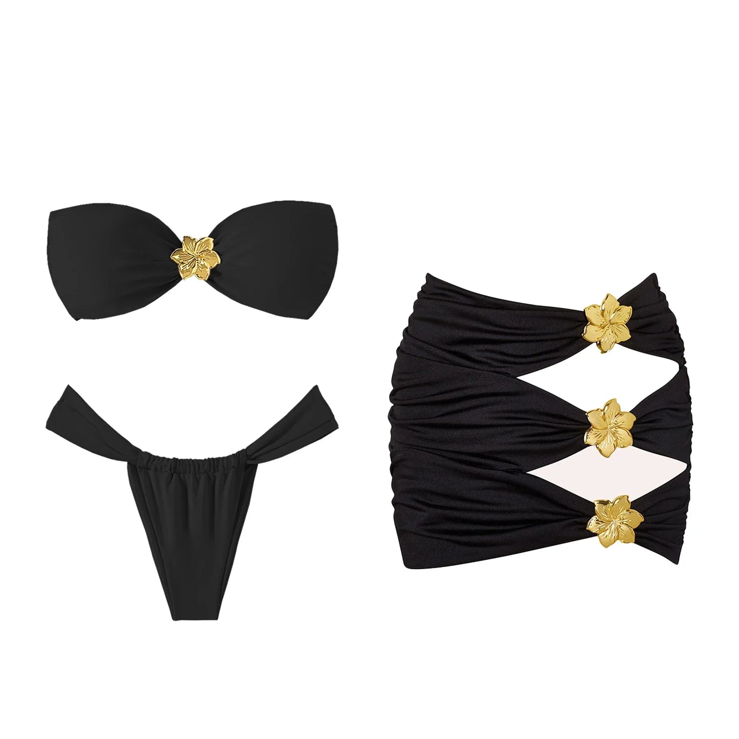 Black bikini set with gold floral accents on a white background