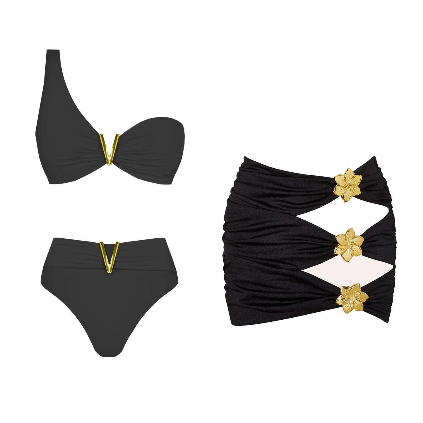 Black bikini set with gold accents on a white background