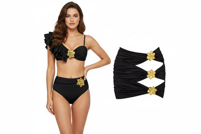 Black bikini set with gold floral accents on a white background