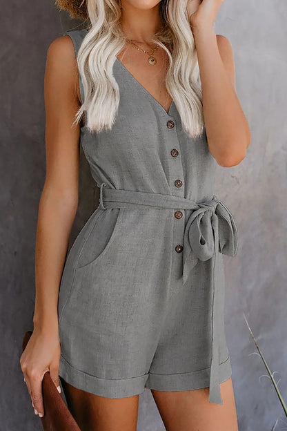 Tied V-Neck Sleeveless Romper with Pockets - MONLANE