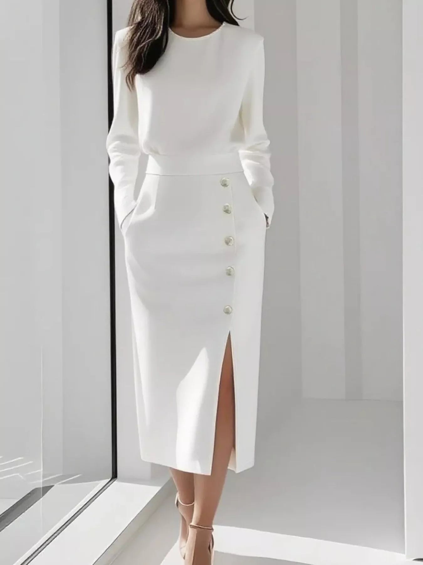 Long Sleeve Button Detail Midi Dress with Side Slit