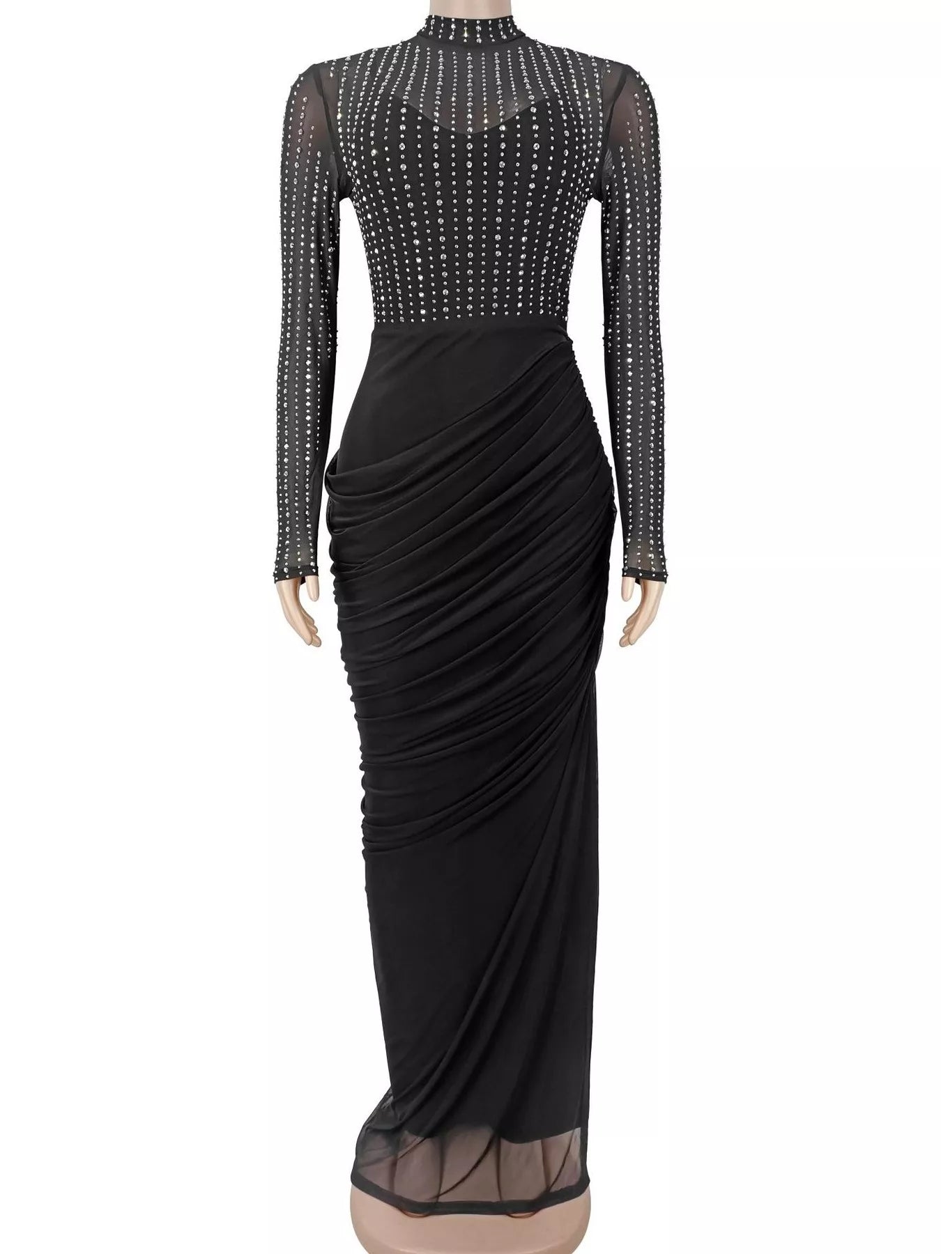 Rhinestone Mock Neck Ruched Maxi Dress