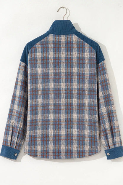 Plaid Corduroy Patchwork Collared Zip Up Snap Button Jacket