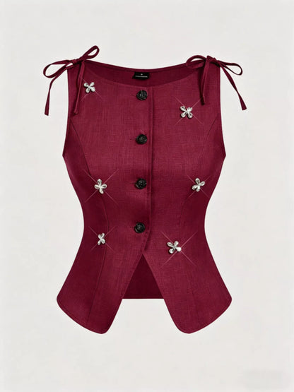 Button-Front Floral Decor Tie Shoulder Vest