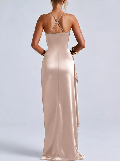 Satin Ruched High-Slit Maxi Dress