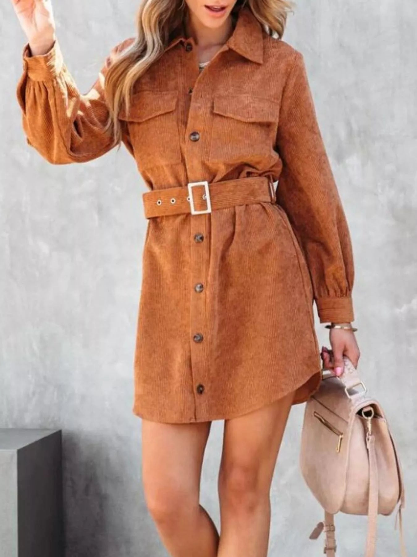 Button Front Belted Corduroy Dress