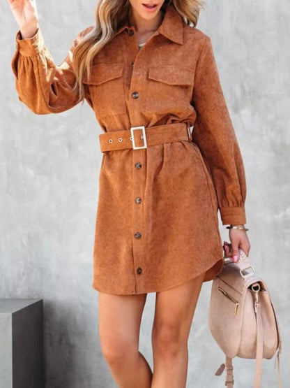 Button Front Belted Corduroy Dress