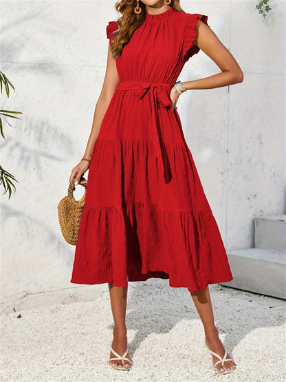 Ruffled Cap Sleeve Midi Mock Dress