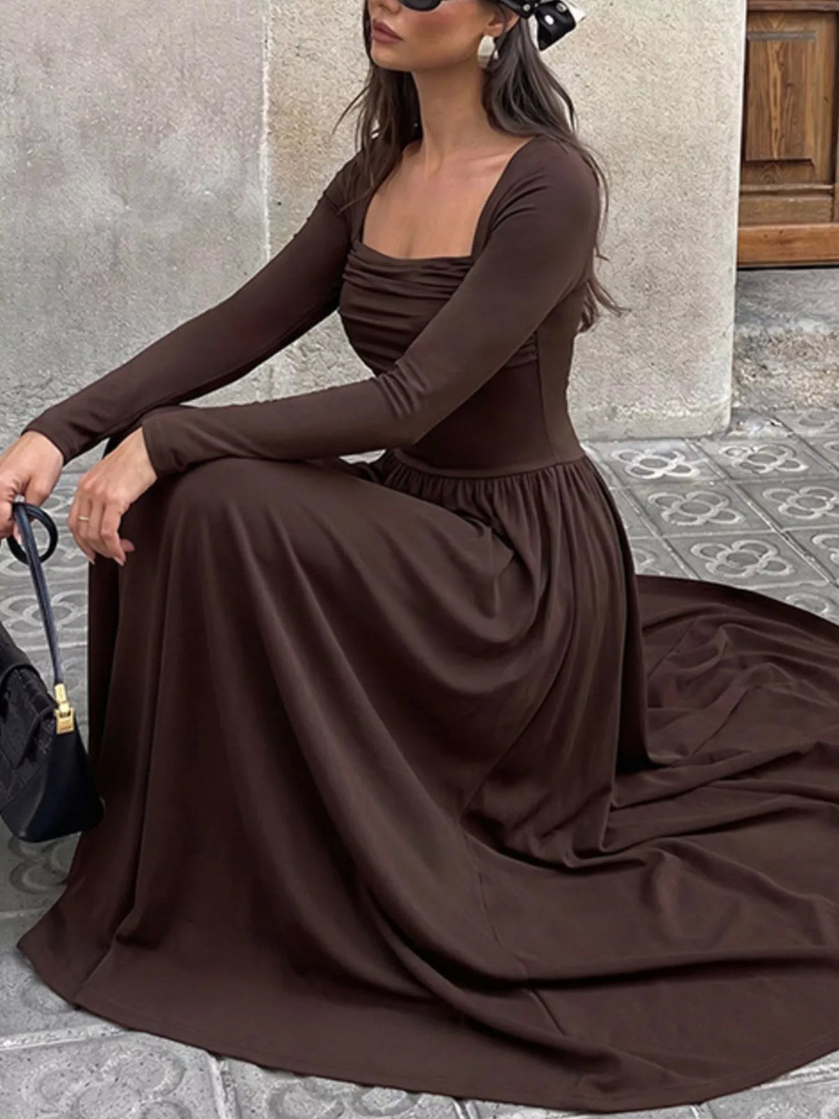 Square neck ruched maxi dress, view 2