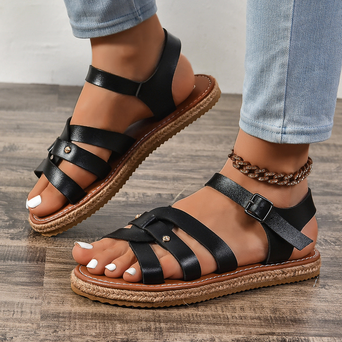 Rivet Open Toe Flat Sandals