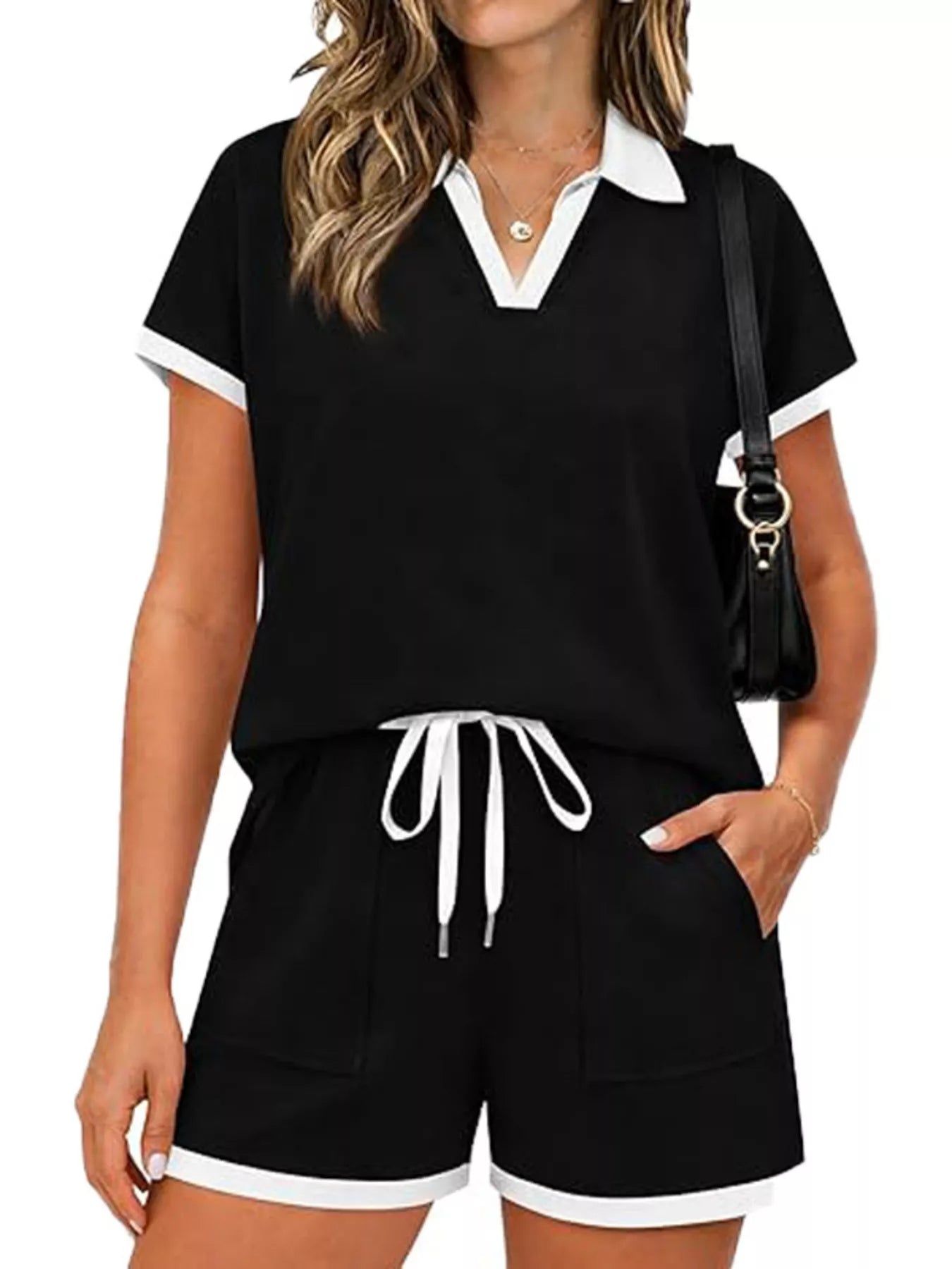 Polo Collar Short Sleeve Top and Shorts Set