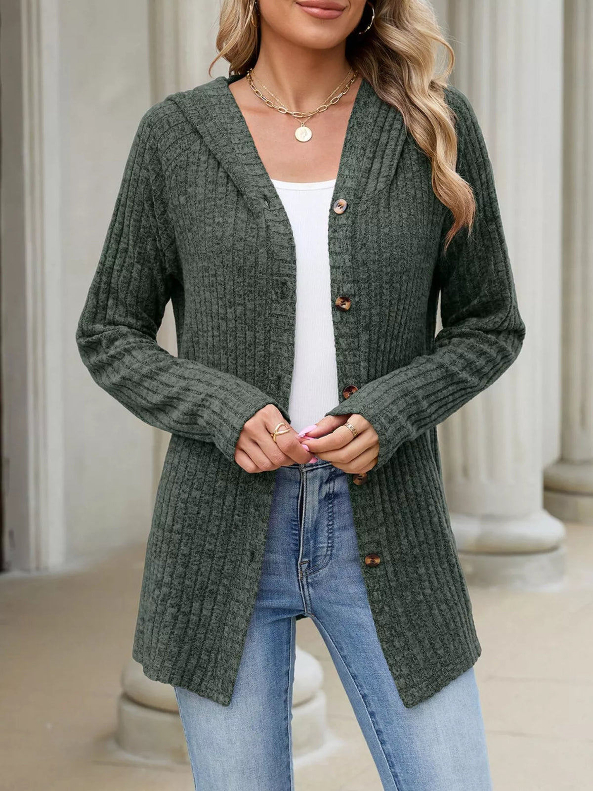Ribbed Knit Hooded Button-Down Cardigan
