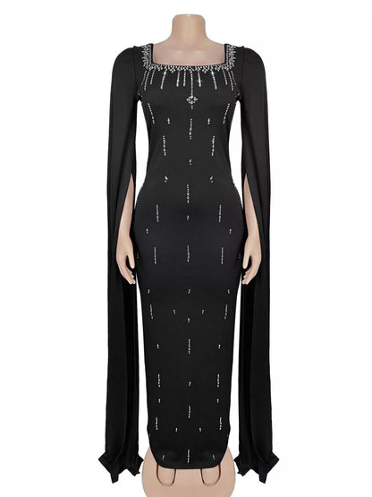 Rhinestone Square Neck Slit Sleeve Maxi Dress