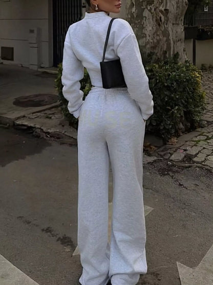 Zip-Up Crop Jacket and Wide-Leg Pants Set
