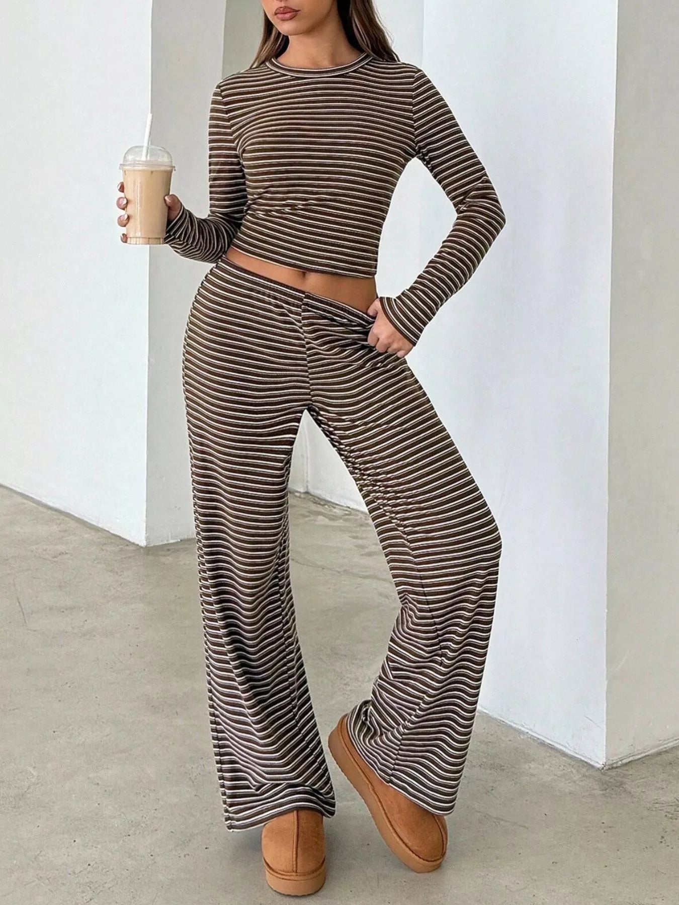 Striped Long Sleeve Crop Top and Wide Leg Pants Set